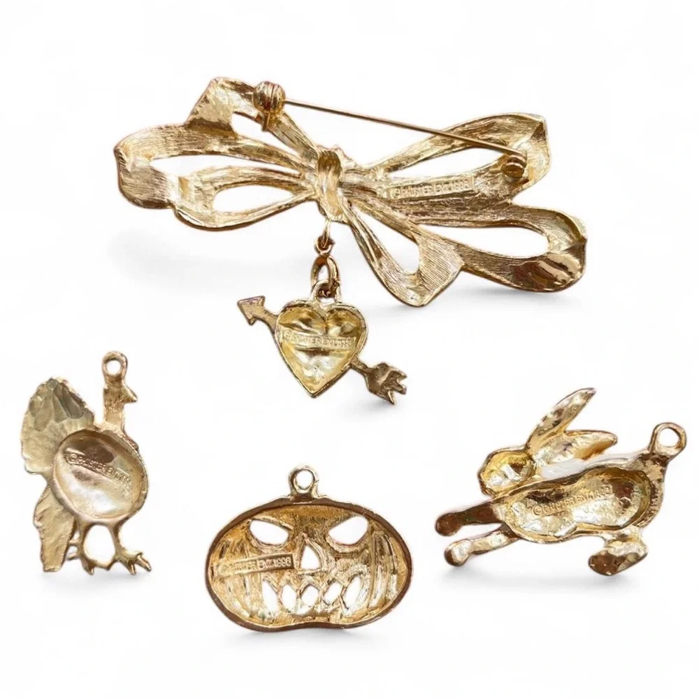 Phister Est. 1998 Signed Bow Brooch Interchangeable 4 Seasonal Charms Gold Tone